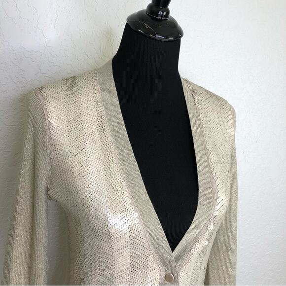 Cache champagne gold sequin front button cardigan sweater size Medium - Picture 2 of 16